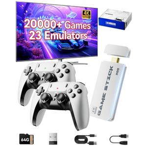 2025 Upgraded Retro Gaming Console Stick, Classic Video Games Stick with 4K HDMI, Built-in 23 Emulators, 20000+ Games - Plug & Play TV Video Gaming Stick with Upgrade Dual 2.4G Wireless Controllers (White)