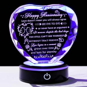 YWHL Wedding Anniversary Crystal Heart Gifts for Couple Parents, Happy Anniversary Marriage Gifts for Wife Husband Him Her Men Women with LED Base Romantic Presents for Girlfriend Boyfriend