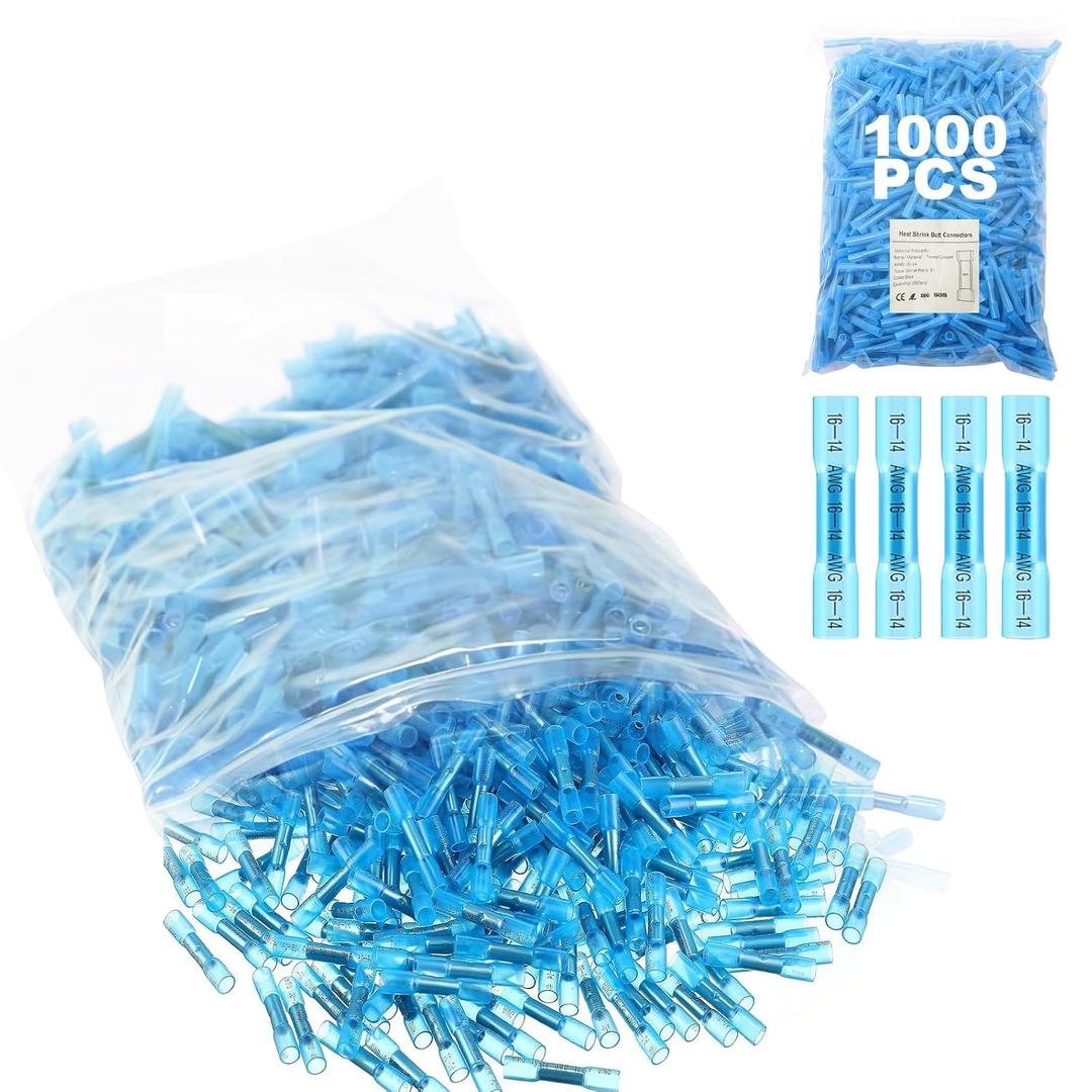 1000Pcs Heat Shrink Butt Connectors,16-14AWG Insulated Crimp Wire Connector