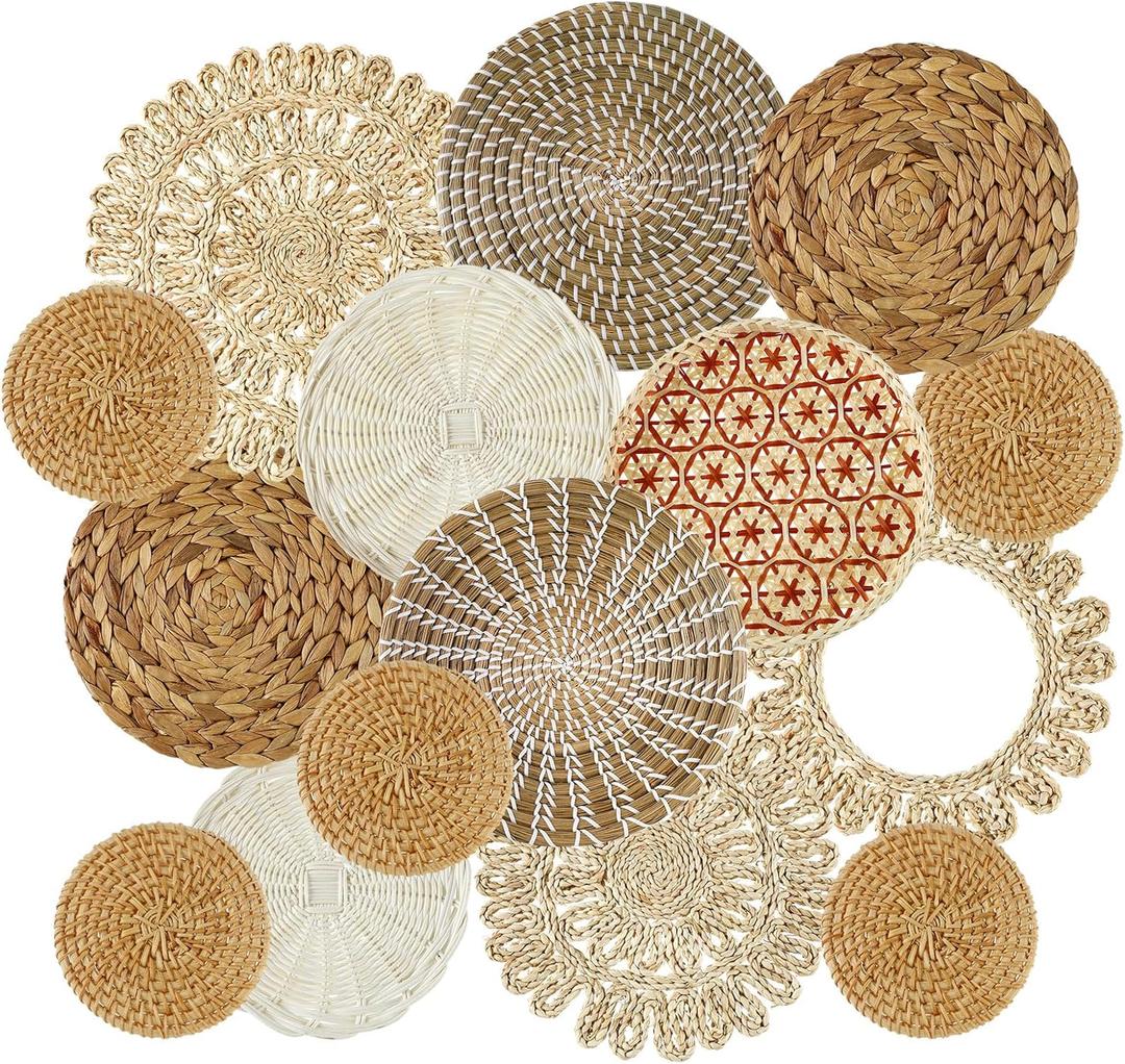 15 Pcs Boho Wall Basket Decor Handcrafted Seagrass Woven Wall Basket Rustic Round Woven Hanging Art for Home Farmhouse Kitchen Table Living Room(Fresh Style)