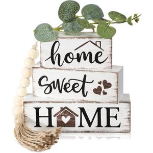 Yousoontic 5 Pcs Farmhouse Wooden Table Decor Rustic Tiered Tray Decor Neutral Block Sign Centerpiece with Bead Garland Faux Eucalyptus Leaves for Home Sweet Kitchen Entryway Living Room Shelves