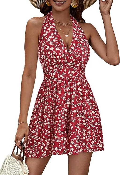 HUHOT Rompers for Women Casual Halter V Neck Backless Summer Sexy Beach Dressy 2026 Short Romper Dresses with Pockets XL