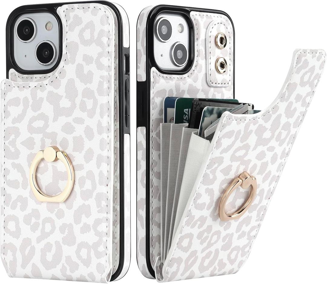 HAOPINSH for iPhone 13/ iPhone 14 Wallet Case with Card Holder, 360Rotation Ring Kickstand, White Leopard Cheetah Pattern, RFID Blocking Leather for Girls Women, Double Buttons Flip 6.1"