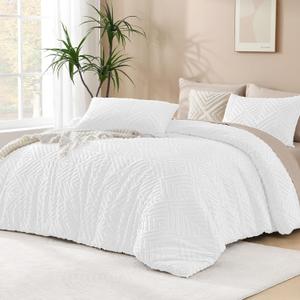 Andency White Comforter Full Size, 3 Pieces Boho Lightweight Fluffy Bedding Comforter Set for Full Bed, Tufted Farmhouse Design Bed Set for All Seasons (1 Comforter 79x90In, 2 Pillowcases)