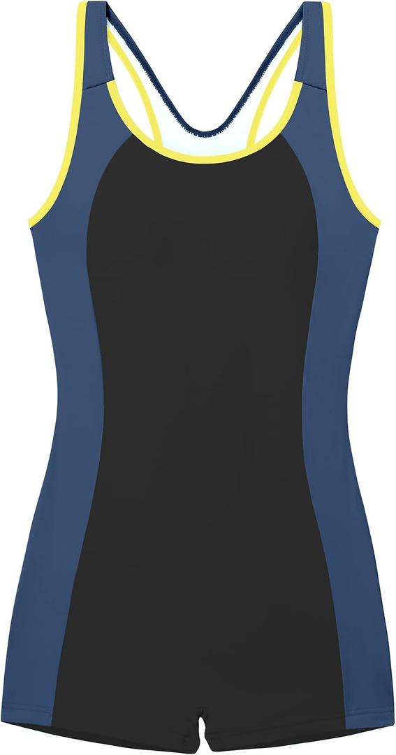 Girls One Piece Boyleg Swimsuit Color Block Athletic Bathing Suit Quick Dry Protection Crossback Swimwear for Kids