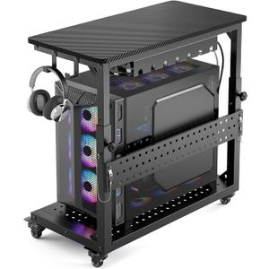 GreenForest Heavy Duty Computer Tower Stand with Wheels, Rolling PC Cart for Gaming, 5-Height Adjustable Full Tower PC Stand with Cable Management, Industrial Casters Home Office, Carbon Fiber Black, 28.1''L x 13.9''W x 29.5''H