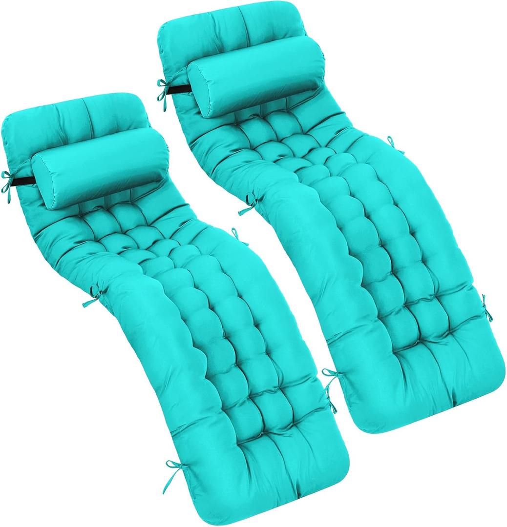 Tudomro 66'' Outdoor Chaise Lounge Cushion Waterproof Patio Pool Chaise Lounge Cushion with Headrest Pillow Tie Fade Resistant Replacement Longue Rocking High Back Chair(Peacock Blue,2 Pcs)