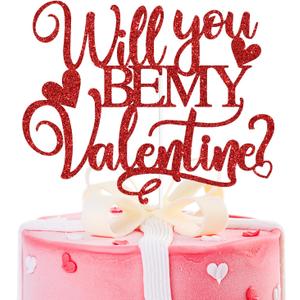Red Glitter Will You Be My Valentine Cake Topper, Be Mine/Happy Valentine's Day/Te Amo, Valentine's Day Wedding Anniversary Party Decorations Supplies