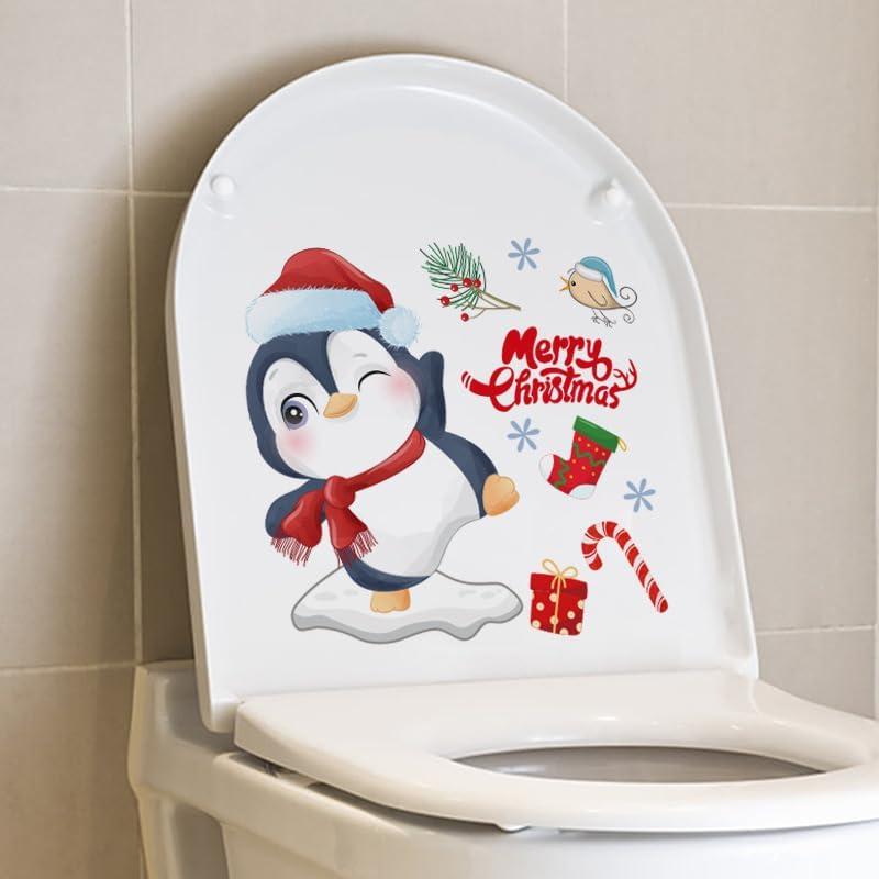 Christmas Penguin Toilet Sticker Toilet Cover Self-Adhesive PVC Cute Penguin Sticker for Bathroom Wall Lids Water Tanks Sticker Decorative Decal Supplies