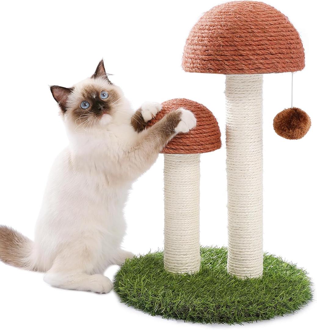 PETEPELA Cat Scratching Post, Mushroom Tall Cat Scratcher Featuring with Natural Sisal Scratching Poles and Interactive Toy Ball for Kittens and Small Cats (Brown) (18.9")