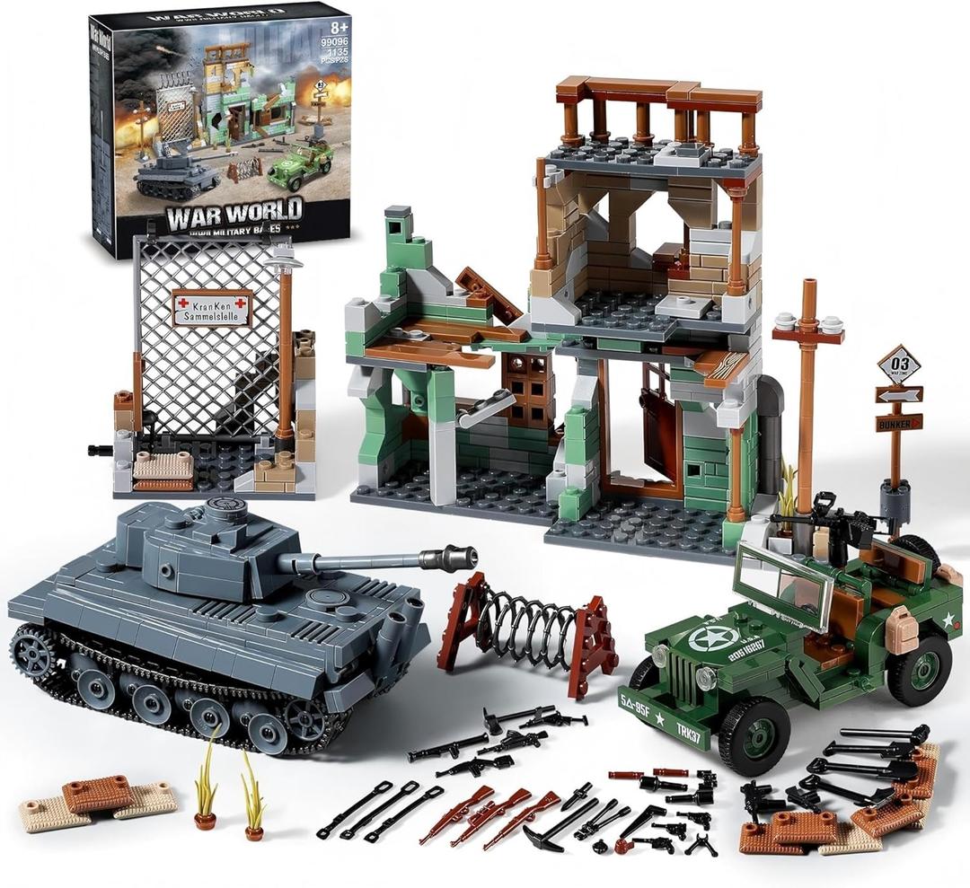 WW2 Military Base Building Sets Compatible with Lego - Build & Play with German Tiger Tank, US Willys MB Vehicle, Bombed House, Action-Packed Army Toys Model Kit for Kids, Teens & Adults
