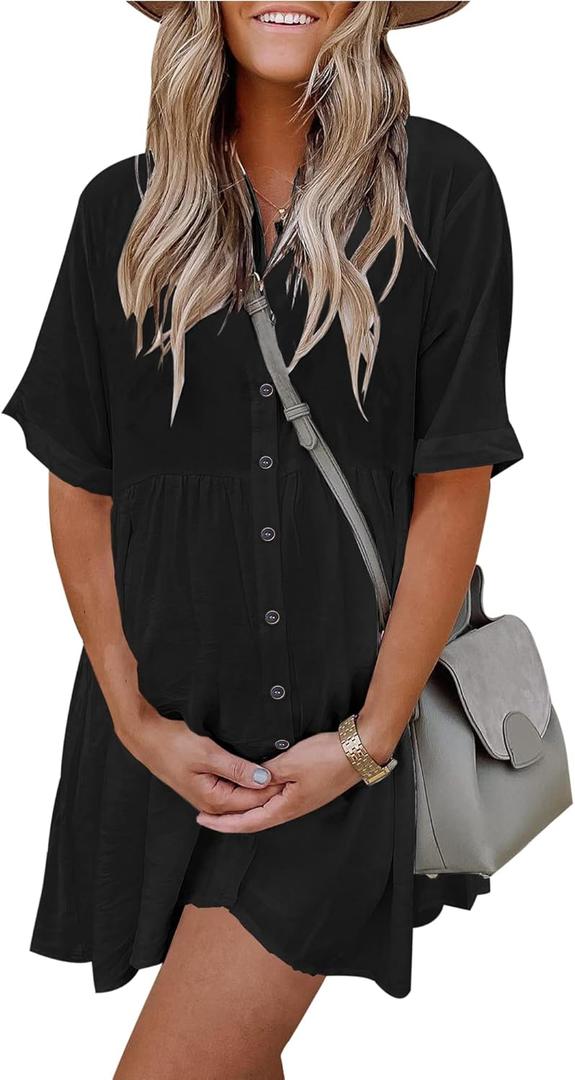 PYGFEMR Women's Short Sleeve Babydoll Dress Button Down Dresses with Pockets (Medium, Black2)