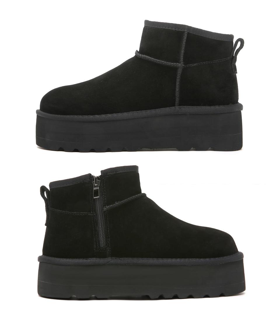 Haifago Platform Mini Snow Boots for Women, Suede Genuine Leather Winter Ankle Booties with Zip up, Women's Classic Fur Lined Short Boot Anti-Slip Black 7