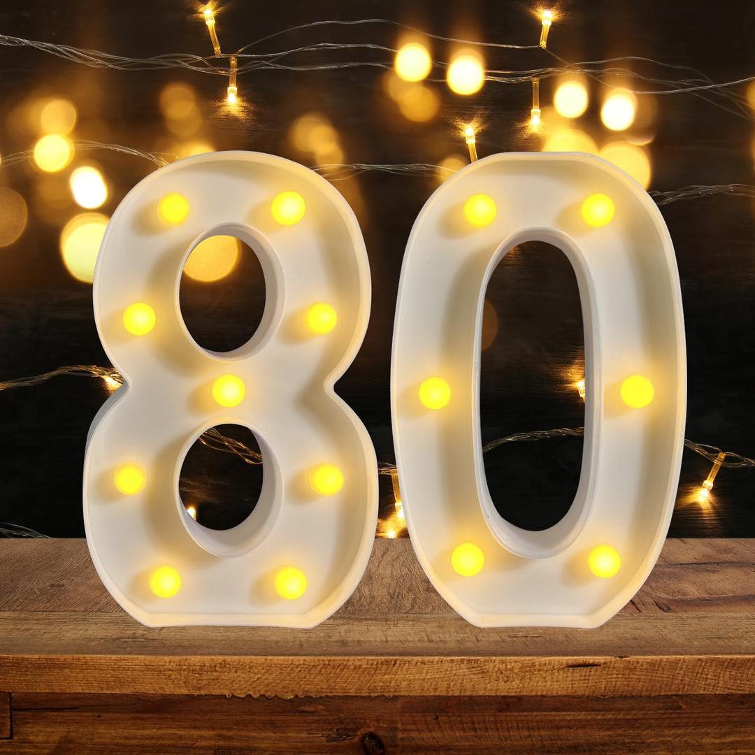 80th Birthday Decoration LED Light up Numbers, Birthday Number Sign Light for Birthday Party Decoration Night Lit Anniversary Background Home Decoration Party (Number 80, White)