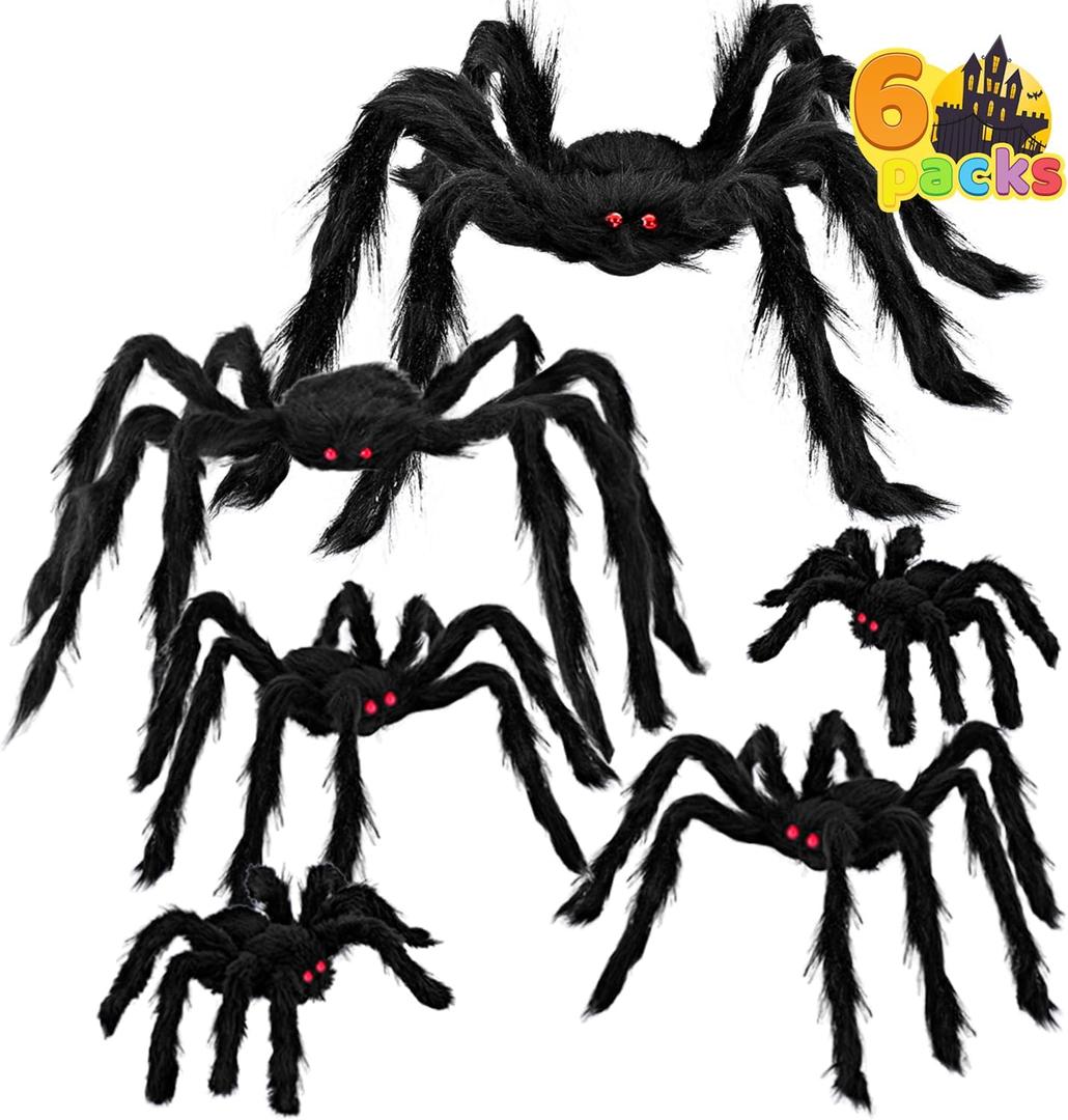 JOYIN 6 Packs Halloween Outdoor Decorations Giant Spiders Set, Halloween Decor Outside, Black Hairy Large Spider with Different Size for Lawn, Yard Decor (30", 30", 20", 20", 12", 12")