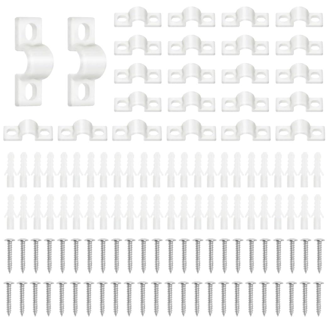 24PCS Wire Shelf Loop Clips, Shelf Clips for Metal Shelving Closet Maid Shelf Clip White Plastic Down Wall Loop Clips with Screws Expansion Tubes for Wires Shelving Concrete Installation Accessories