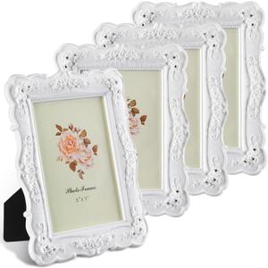 Amyhill 4 Pcs White Vintage Picture Frame Rose Flower Design Antique Photo Frames with Glass for Wedding Home Living Room Tabletop Wall Display, Horizontally or Vertically Use (White,5 x 7)
