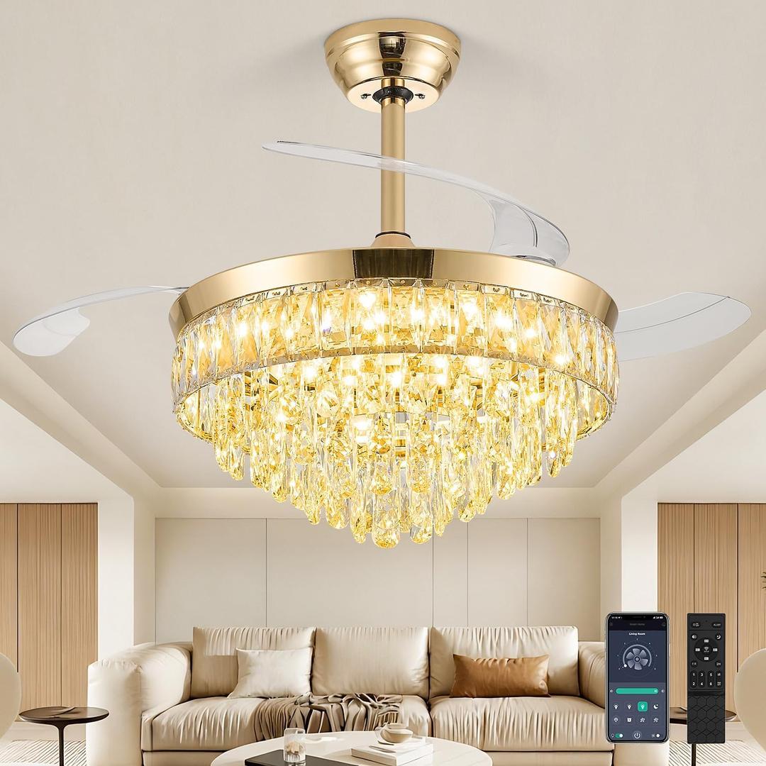 48 Inch Chandelier Ceiling Fan with Lights, Retractable Fan with Remote and APP, Crystal Fandelier Ceiling Fan, Dimmable LED, Reversible Motor, Quiet for Bedroom Living Room-Gold