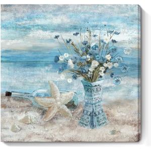 Large Canvas Wall Art for Living Room Blue Beach Wall Decor Ocean Theme Print Seaside Framed Artwork for Bedroom Bathroom Abstract Seascape Painting Coastal Flower Picture Home Office Decor 30x30inch