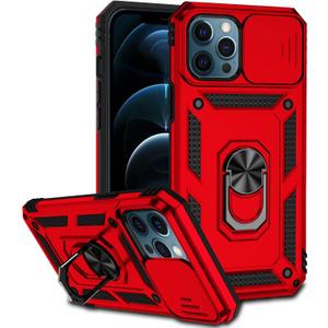 Phone Case for iPhone 12 Pro Max with Camera Lens Cover HD Screen Protector,Military Grade Ring Car Mount Kickstand Hybrid Hard PC Soft TPU Shockproof Protective Red