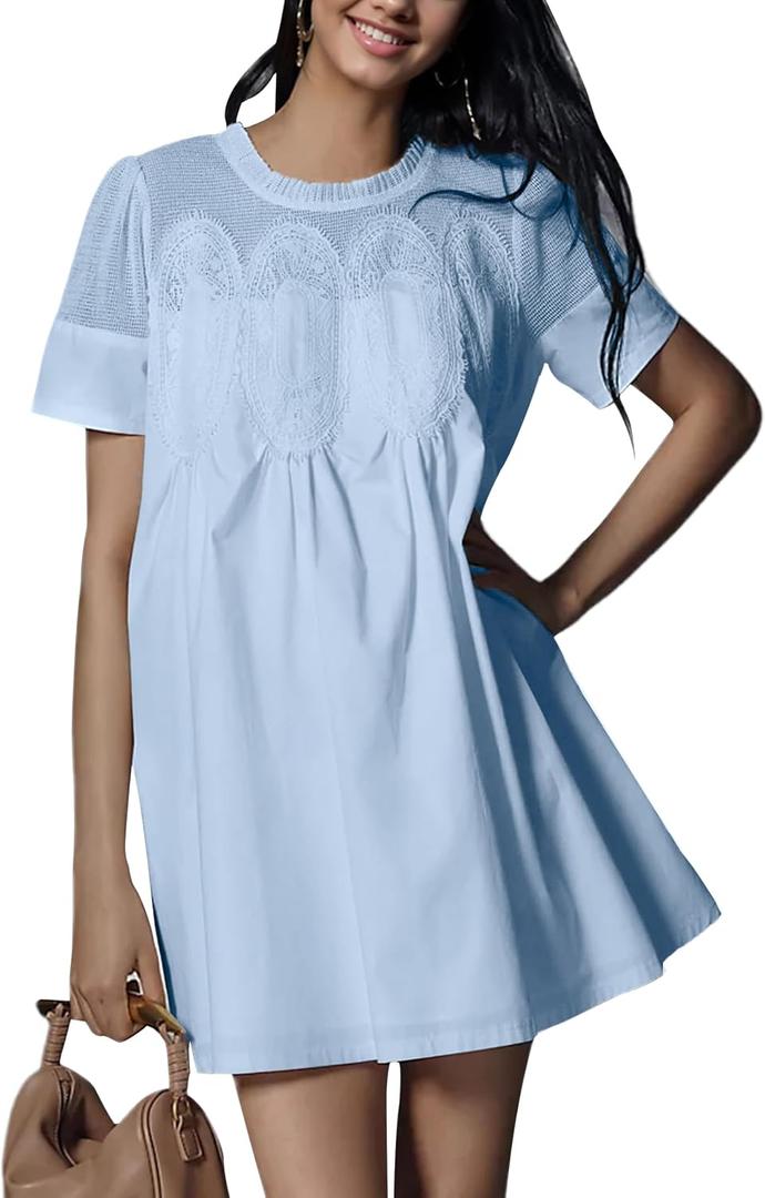 Womens Summer Lace Mini Babydoll Dress Ruffled Collar Short Sleeve Loose Mesh Swing Elegant Flared Sundress (Blue, S)