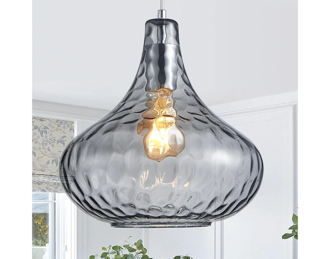 Hammered Glass Pendant Light - 11" Vintage Industrial Farmhouse Fixture for Kitchen Island, Dining Room & Entryway, Smoke Gray Ceiling Hanging Light with Chrome Finish,Easy Install Modern Chandelier