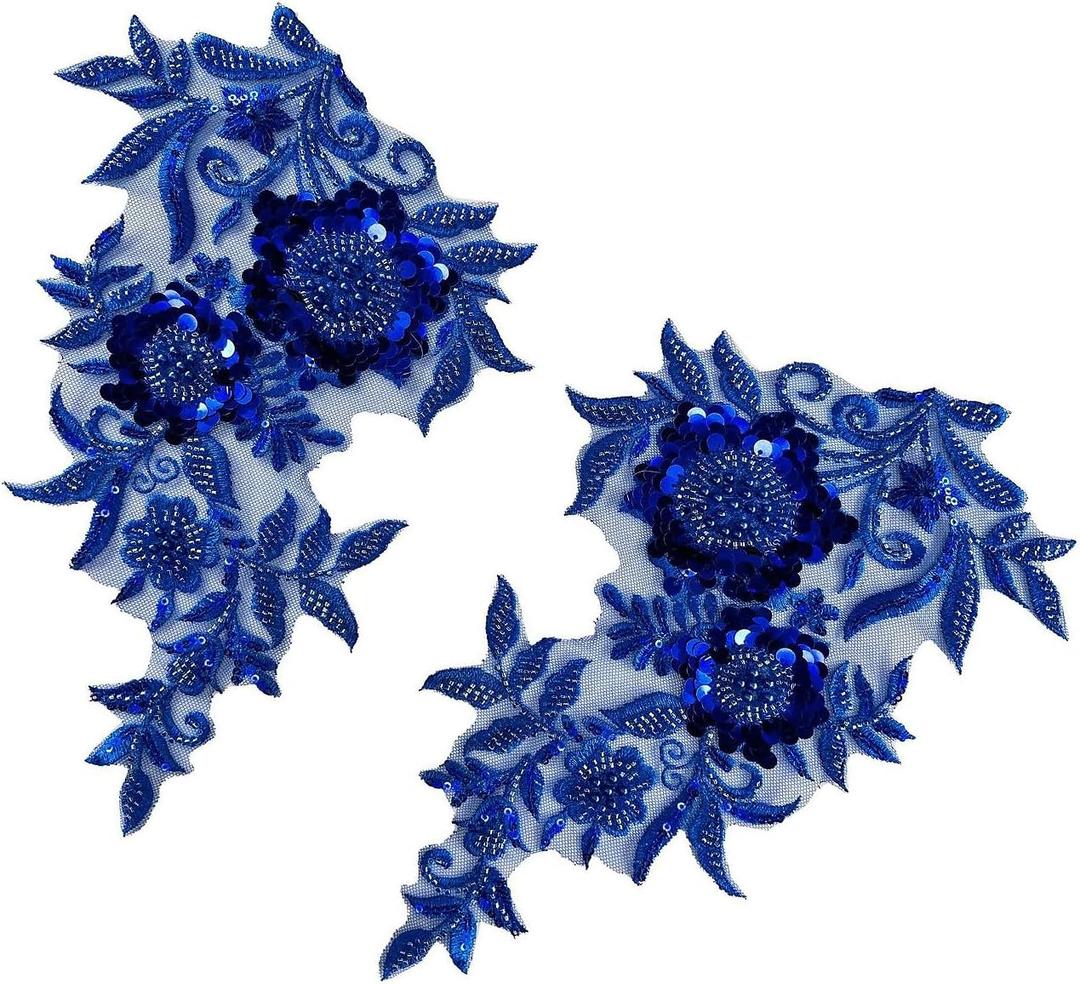1 Pair Flower Rhinestone Applique for Wedding Bridal Dress, Embroidery Sequin Patches for Clothes, Beaded Lace Applique for Bodice Hat Sewing Craft for Women Embellishment (Royal Blue)