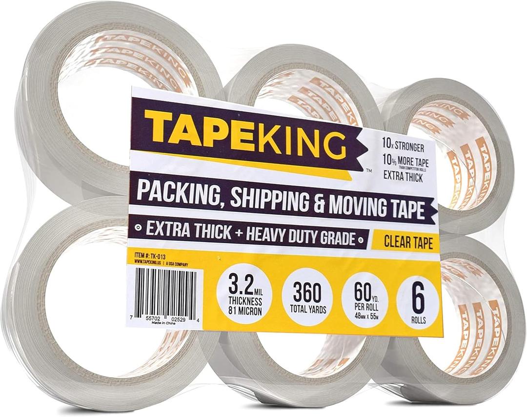 Tape King Heavy Duty Clear Packing Tape, 60 Yards/Roll, 6 Rolls - for Packing, Shipping and Moving (6 Rolls / 3.2Mil Thick)