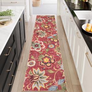 Beeiva Floral Runners for Hallways, Washable Rugs Runners 2.5x10 Non Slip Red Rug, Vintage Rugs with Rubber Backing Paisley Stair Carpet for Kitchen Entryway Laundry Room Christmas