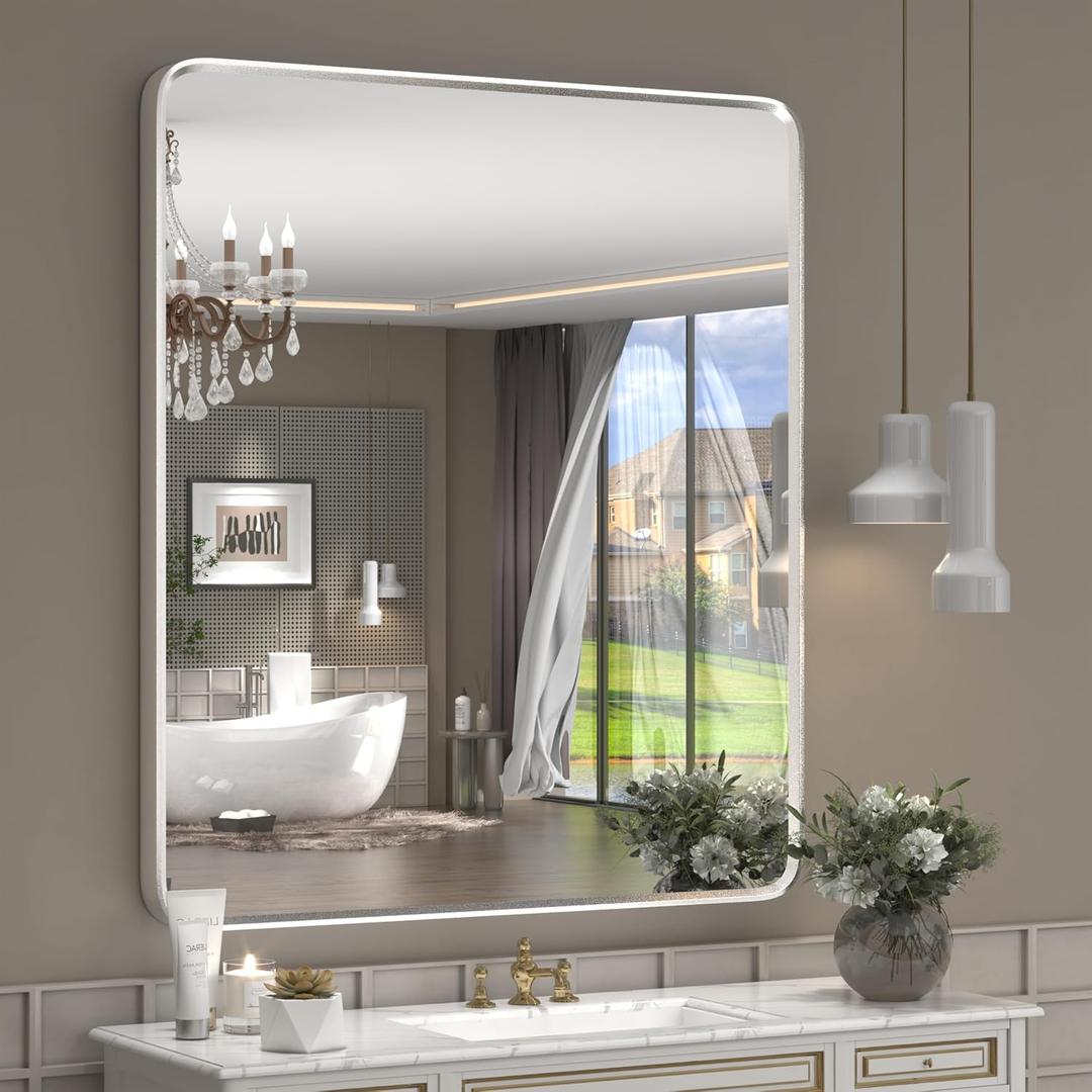 28x32 Inch Silver Framed Mirror, Silver Rounded Rectangle Bathroom Vanity Mirror for Wall, Silverish Painted, Shatterproof, Anti-Rust (Horizontal/Vertical)