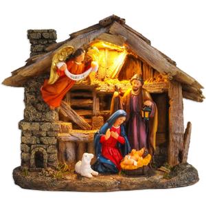Nativity Scenes Indoor 8.3 Inch Christmas Music Village House Manger Nativity Sets Indoor Baby Jesus Christmas Figurines Decorations