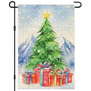 IVN Merry Christmas Tree Santa Garden Flag 12x18 Inch Double Sided Colorful Star Gift Boxes Snowy Pinecones Outdoor Small Burlap Holiday Christmas Decorations Yard Flag for Outside Winter Xmas Decor