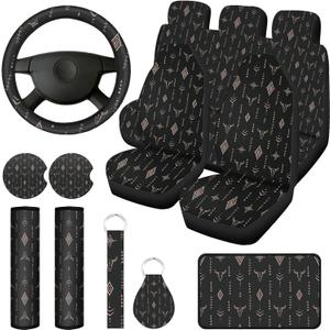 Frienda 13 Pcs Western Print Car Seat Cover Full Set for Women Men Print Car Accessories Rubber Steering Wheel Armrest Pad Cover Seat Belt Pads Wrist Holder Keychain, Gray and Black