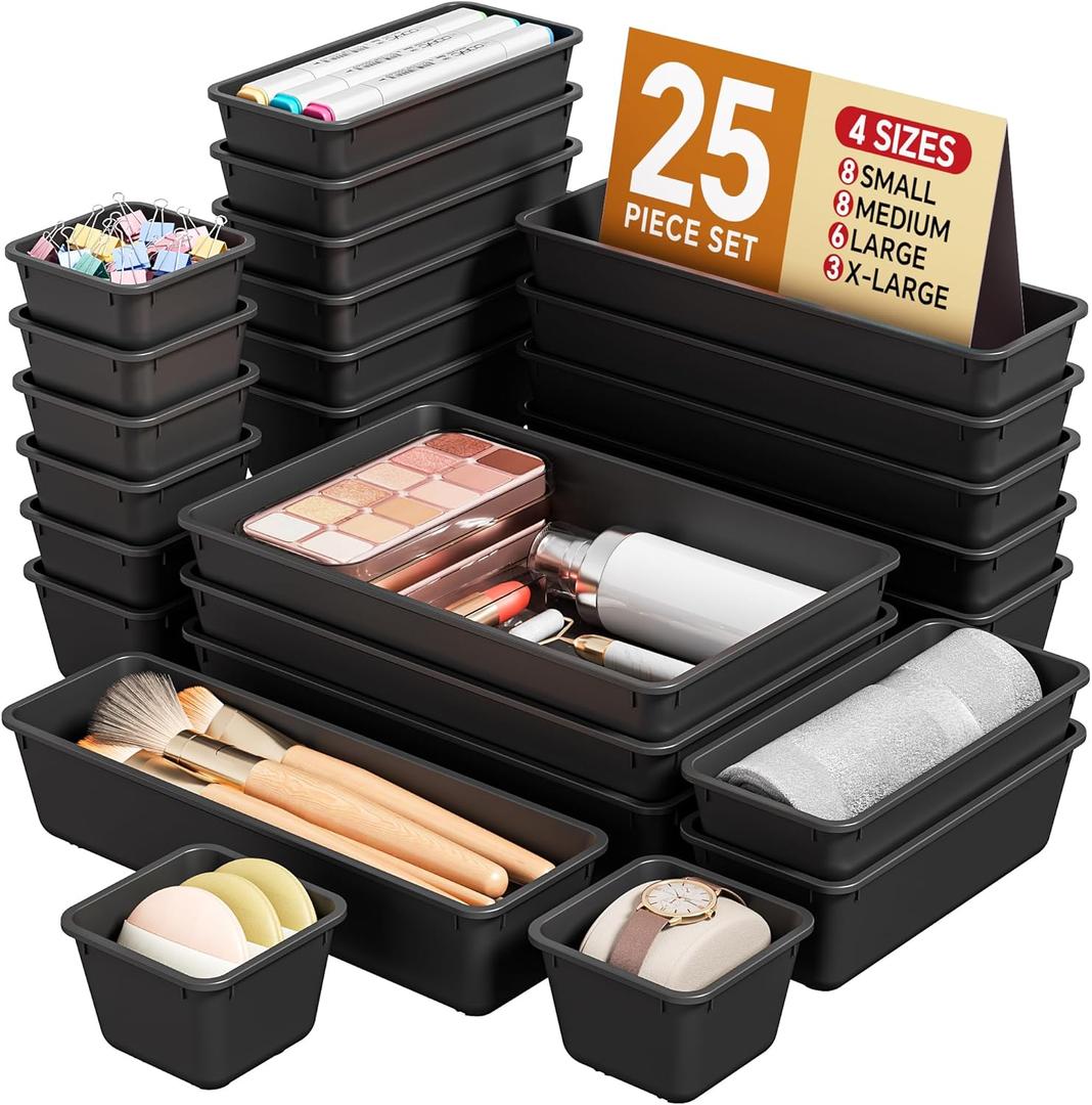 25 PCS Plastic Drawer Organizers Set, 4 Sizes Vanity Organizer, Makeup and Desk Drawer Organizer Trays, Organization and Storage for Makeup, Bathroom, Kitchen Utensils and Office (Black)