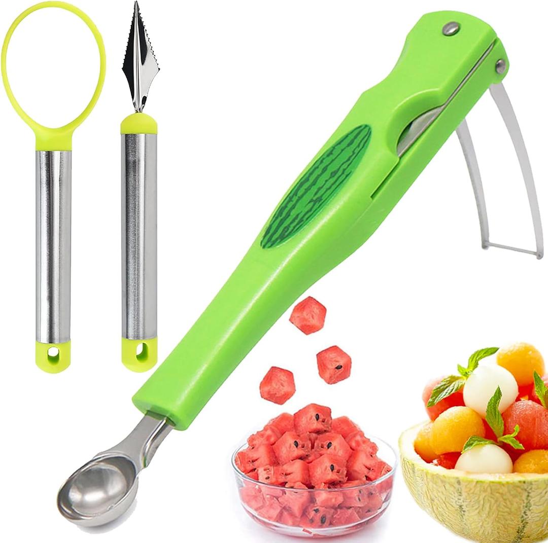 JAYVAR Watermelon Cutter Slicer with Melon Baller Scoop Set, Fruit Scooper Knife for Dig Pulp Separator, Watermelon Knife Fruit Cutters Shapes, Fruit Carving Tools Fruit Slice