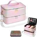 Nail Polish Organizer Bag - Holds 40+ Bottles (15ml/0.5 fl.oz)& Nail Lamp, Portable Travel Nail Kit Storage Carrying Case, Double Layer gel Nail Supplies Holder Bag PU Leather Women(Colorful Pink)