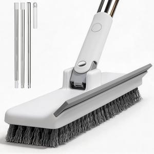 Floor Scrub Brush with 55" Long Handle, 2-in-1 Floor Brush with Built-in Squeegee, Adjustable Angle Head and Stiff Bristles for Tile, Wood, Concrete & Textured Floor Cleaning