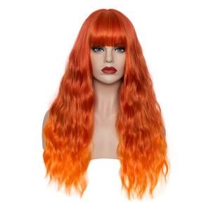 Women's Orange Fire Wig 22''Long Curly Wavy Wig Shoulder Length Flat Bangs Wig For Women Girl Cosplay Party Halloween Wig Cap Included (22''Orange Fire)