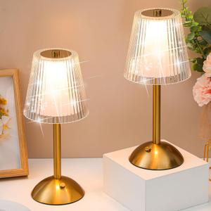 Liliful 2 Pcs Cordless Table Lamp Rechargeable Touch LED Small Gold Portable Battery Operated USB-c Desk Lamp 3 Color Dimmable for Bedroom Living Room Dining (Gold,Hollow Lined Style)