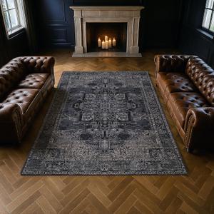 Washable Non-Slip Backing 8x10 Oriental Area Rug for Living Room, Turkish Cotton Rug for Kitchen Bedroom Dining Room Entrance, Foldable Soft Vintage Carpet with Rustic Design in Black