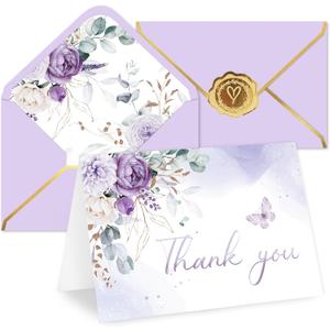 Whaline 50 Pack Spring Purple Floral Thank You Card Lavender Flower Greeting Card with Envelope Sticker Blank Note Cards for Baby Shower Party Invitation Supplies, 4 x 6 Inch
