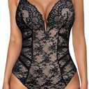 Popilush Lace Shapewear Bodysuits for Women Tummy Control Corset Tops Deep V Neck Backless Summer Thong Body Suits