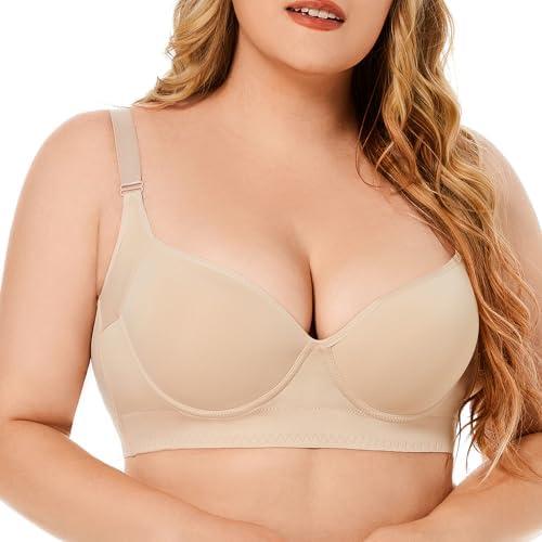 Women's Plus Size Bra Seamless Deep V Support Soft Underwire Push-up Bras Adjustable Straps Bralette (Brown, Size 46)