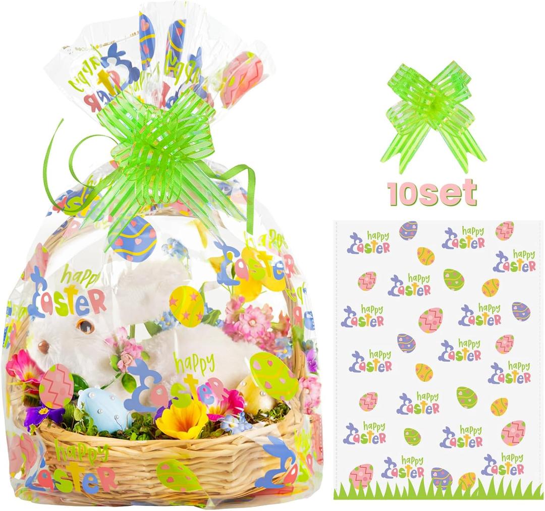 WeDoSoy 10 Pcs Easter Basket Bags, 22x32 Inch Large Cellophane Bags with 10 Pcs Pull Bow - Cello Basket Bag Easter Egg Pattern Wrap Bag, Cellophane Wrapping for Gift Packaging Party Decorations