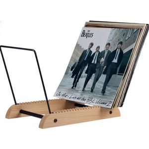 Extra-Large Vinyl Record Storage Holder Modern Album Display Solid Wood Stand with Black Metal Rack Home Decor Organizer for Vinyl Record, Holds up to 75 Albums, 14.2''L x 8.1''W x 10.7''H