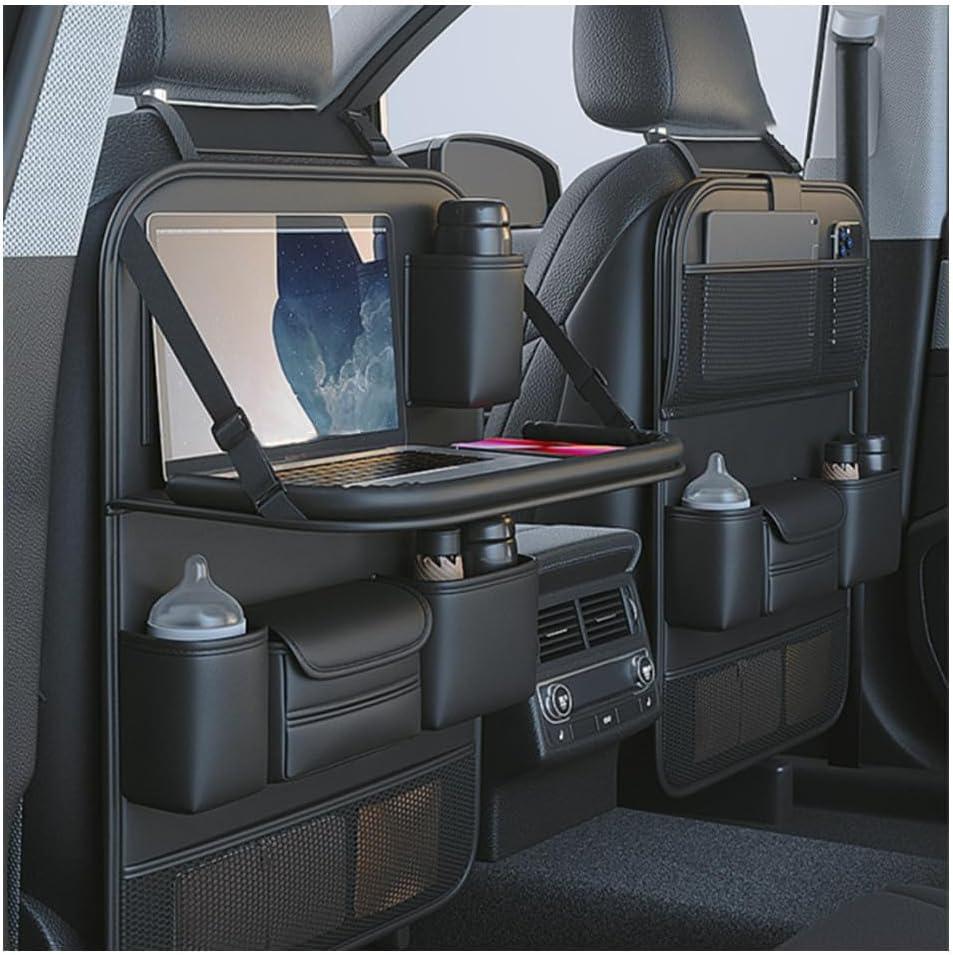 2 Pack Leather Car Backseat Organizer with Foldable Table Tray, Car Seat Back Protectors Kick Mats, Foldable Car Seat Organizer with Tablet Holder