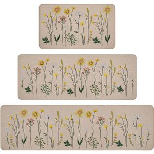 Rempry 3 PCS Kitchen Rugs Set, Colorful Flowers Non Slip Kitchen Mats for Floor, Waterproof Kitchen Rug for Laundry Room, Kithcen, 17"x47"+17"x30"+17"x59"