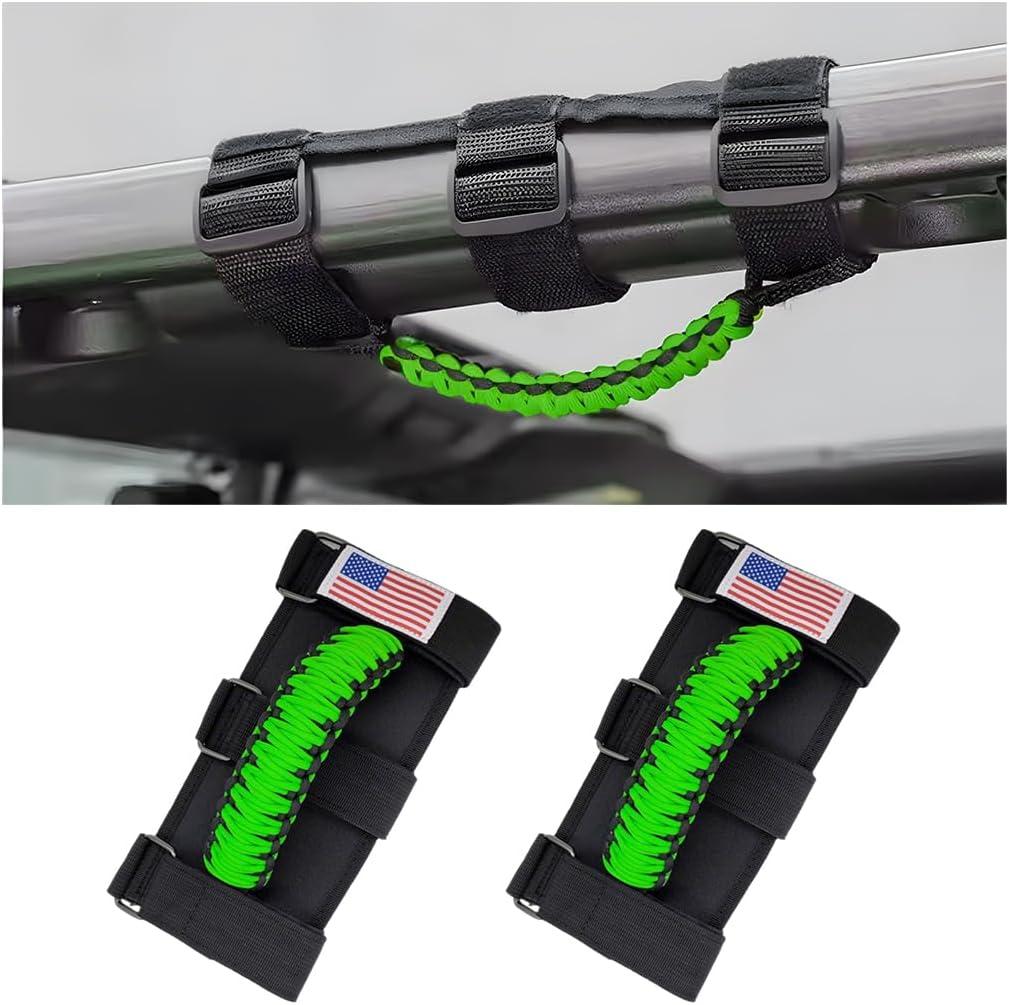 2PCS Car Roll Bar Grab Handles, Oxford Cloth American Flag ATV Paracord Grip Handle with Metal Buckle, Heavy Duty UTV Roll Cage Grab, Compatible with Wrangler JL, JT, JK (Fluorescence Green)