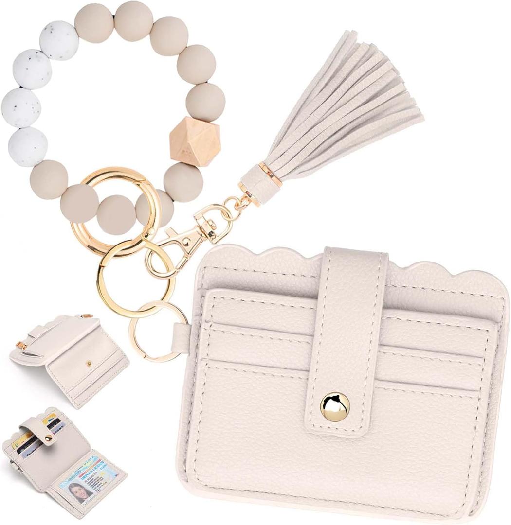 Wristlet Wallet for Women with Keychain  RFID Card Holder Small Wallet Wristlet with Key Ring (Beige)