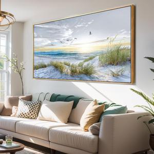 Canvas Prints Wall Art Beach Sunrise Ocean Waves Beach Grass Nature Pictures Stretched Canvas Wooden Framed for living Room Bedroom and Office Home Decor 20"x40" with Framed